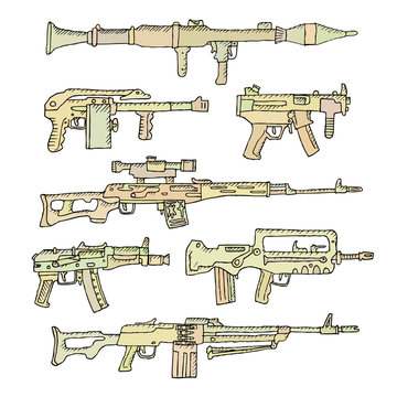 Heavy weapons in doodle style. Vector.