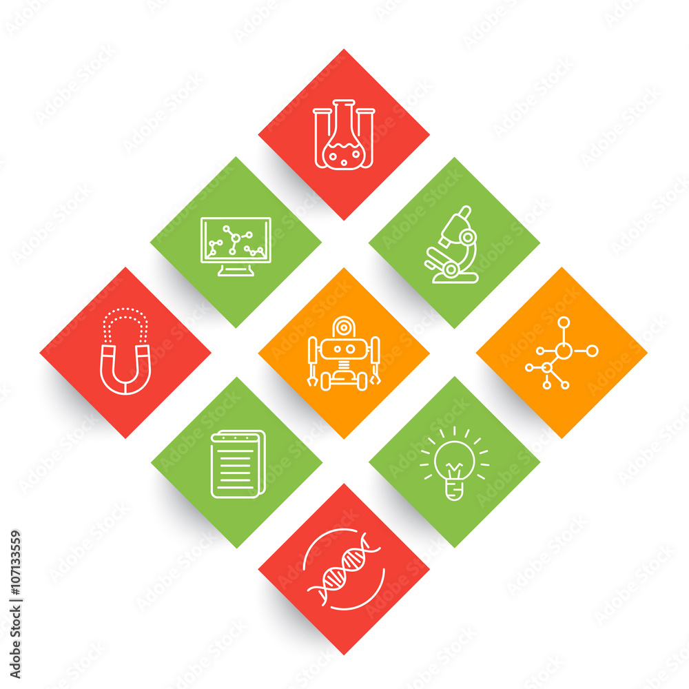 Wall mural Science line icons, laboratory, genetics, chemistry, physics, biology, research rhombic icons on white, vector illustration