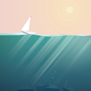 Yacht on ocean surface sailing in summer sunset. Low poly vector background for vacation promotion.