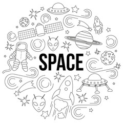 Space concept icons, infographics elements, round template. Modern line flat design. Vector.