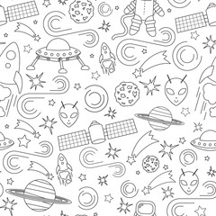 Space concept icons, infographics elements, seamless pattern. Modern line flat design. Vector.