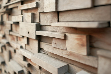 Perspective of wooden blocks stacked as wall.Selective focus and