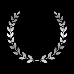Silver laurel wreath icon. Symbol award, trophy, victory, winner, prize. Branch olive sign. Design element for decoration medal, coat of arms logo. Leaf silhouette black background Vector illustration © alona_s