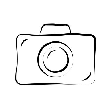 Photo camera doodle icon. Retro hand drawing sketch sign. Cartoon design element. Black outline isolated on white background. Symbol of photography, film. Equipment for photograph. Vector illustration