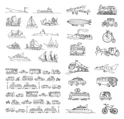 Big set with different transport. Passenger transport. Traffic. Retro transport. Set with boats.  Isolated  on a white background