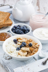 Healthy delicious breakfast with cottage cheese, muesli 
