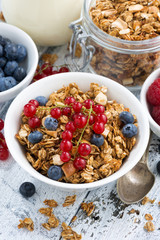 homemade muesli and fresh berries on white wooden background