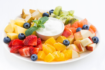 ingredients for fruit salad and natural yoghurt, closeup