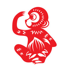Red paper cut monkey zodiac symbol (monkey holding peach)