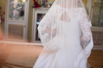 Fototapeta na wymiar sweet young blonde bride posing in stylish wedding dress on a ba