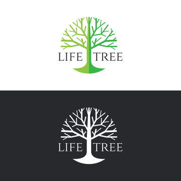 Life tree logo circle vector design - green tree tone on white background and white tree on dark grey backgroundon dark grey background