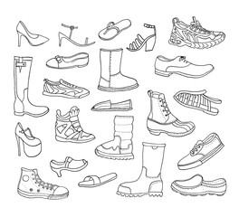 Fashion collection. Different Hand Drawn Shoes. Vector. Isolated.