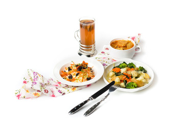 fresh pumpkin cream soup and salad