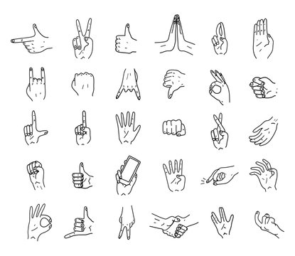 Hands. Icons. Gestures. Hand drawn vector illustration. Isolated. Doodle.