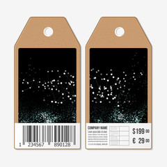 Vector tags design on both sides, cardboard sale labels with barcode. Abstract background. Technical construction, connected lines and dots