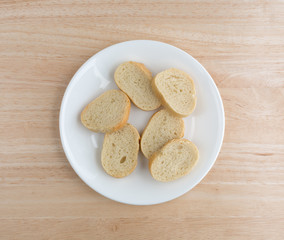 Small slices of French bread on a white plate