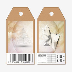 Vector tags design on both sides, cardboard sale labels with barcode. Conceptual design, abstract 3D pyramid, vector illustration