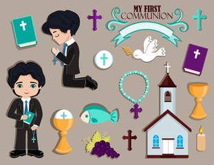 Set of design elements for First Communion for girls.