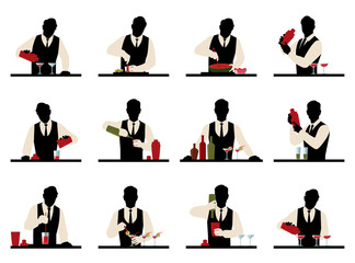 Set of silhouettes of a bartender prepares cocktails vector stoc - obrazy, fototapety, plakaty