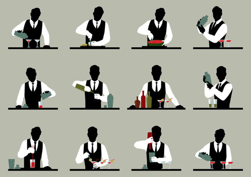Set of silhouettes of a bartender prepares cocktails Stock vecto