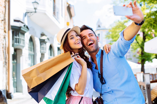 Couple On European Vacation Doing Selfie In Old City