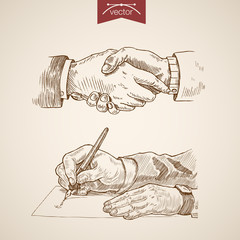 Businessman handshake contract deal engraving vintage vector