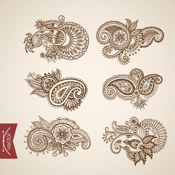 Hindu tattoo pattern monochrome engraving lineart vintage vector