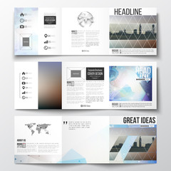Set of tri-fold brochures, square design templates. Abstract colorful polygonal backdrop, blurred image, modern stylish triangular vector texture