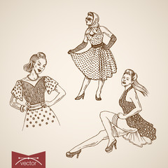 Pinup pin-up sexy girls engraving lineart retro vintage vector