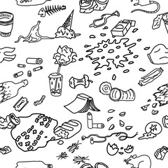 Seamless pattern with street garbage and waste in doodle style.