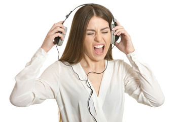 Fototapeta premium Girl listening music in headphones.