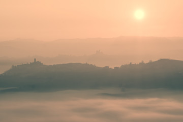 Langhe hills in a foggy morning