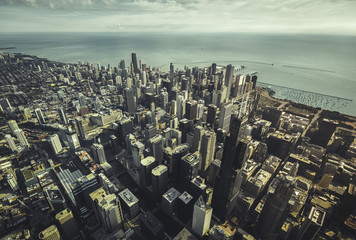 Fototapeta na wymiar Chicago Skyline high angle aerial view with downtown skyscrapers