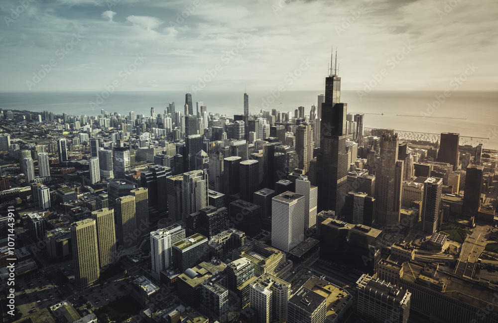 Wall mural chicago skyline aerial view with downtown skyscrapers