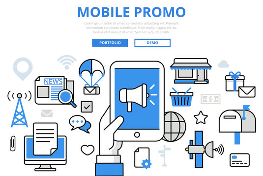 Mobile promo digital marketing concept flat line art vector icon
