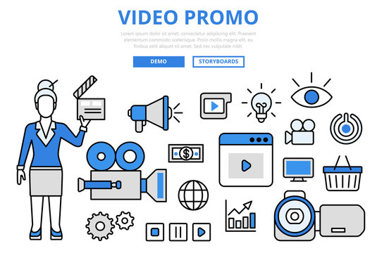 Video promo digital marketing concept flat line art vector icons