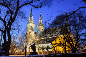 View of the Roman Catholic cathedral at night, Prague, Vysehrad
