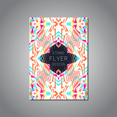 Vector geometric colorful brochure template for business and invitation. Ethnic, tribal, aztec style. Modern ethno ikat pattern
