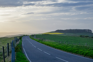Fototapeta premium hill road in english countryside at sunset West Bexington, Dorset, England