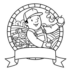 Funy farmer or gardener. Coloring book. Emblem