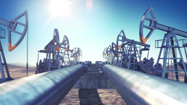 Oil Pumps and Oil Pipeline in endless motion. Looped 3d animation. Blue Sky and Sun Shining. HD 1080. Industrial Business Concept.
