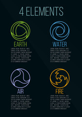 Nature 4 elements circle logo sign. Earth, Water, Fire, Air. on dark blue background.