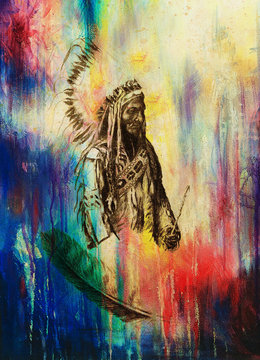 drawing of native american indian foreman Sitting Bull - Totanka Yotanka according historic photography, with beautiful feather headdress, holding arrow.