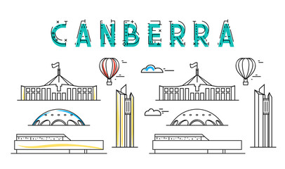 Fototapeta premium Canberra. Capital city of Australia. Sights of the capital of Australia. Stylized city. Tourist advertising. Advertising template for travel agents. landing page for the tour operator.