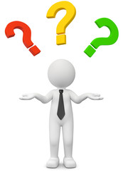 Nachdenkliches 3d Männchen mit Fragezeichen auf der Suche nach den richtigen Antworten..Fragen über Fragen gehen dem Geschäftsmann durch den Kopf..Wieso, weshalb, warum das ist hier die Frage.