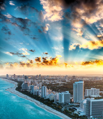 Miami Beach at sunset, aerial view from helicopter - obrazy, fototapety, plakaty