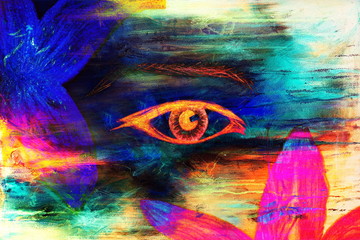 Fototapeta premium woman eyes with flower, color pencil drawing, eye contact. Computer collage.