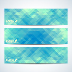 Blue set of vector banners. Background with blue triangles. Web banners card, vip, certificate, gift, voucher. Modern business stylish design