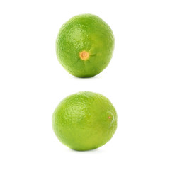 Set of two single limes in different compositions and foreshortenings, isolated over the white background