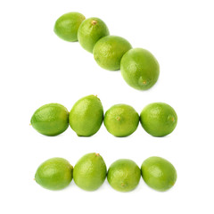 Four limes fruits composition isolated over the white background, set of three different foreshortenings